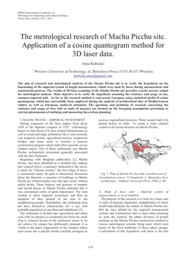 The Metrological Research of Machu Picchu Site. Application of a Cosine Quantogram Method for 3D Laser Data