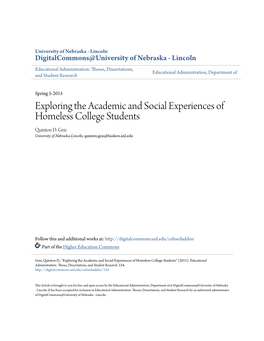 Exploring the Academic and Social Experiences of Homeless College Students Quinton D