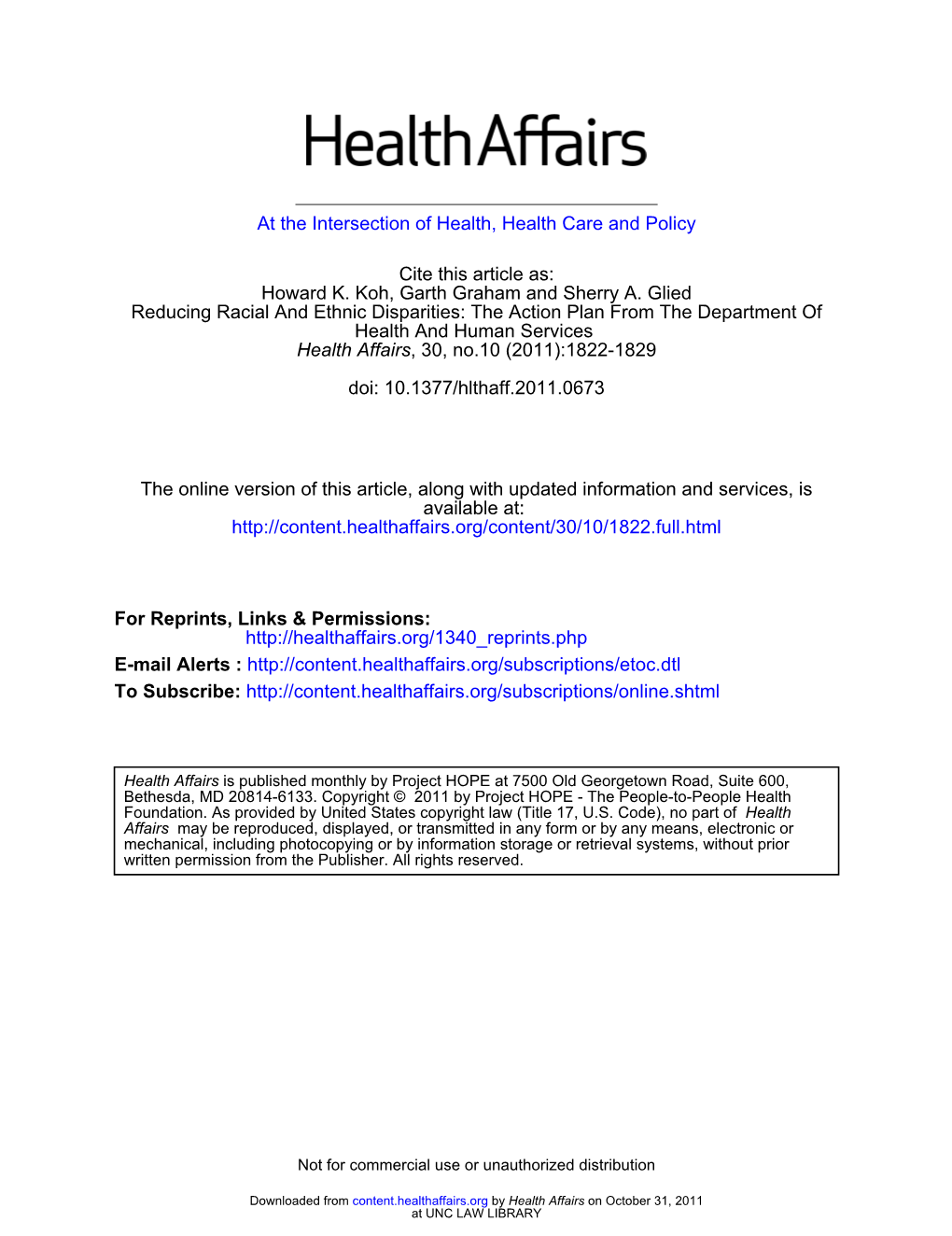 At the Intersection of Health, Health Care and Policy Doi: 10.1377/Hlthaff