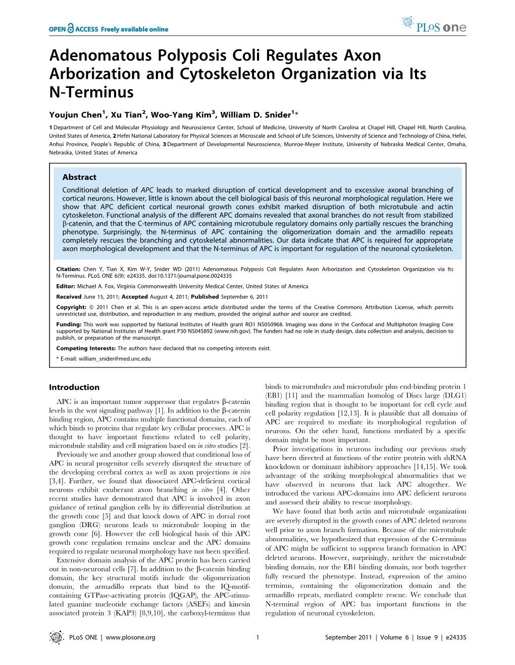 Adenomatous Polyposis Coli Regulates Axon Arborization and Cytoskeleton Organization Via Its N-Terminus