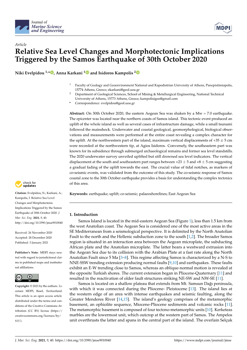 Relative Sea Level Changes and Morphotectonic Implications Triggered by the Samos Earthquake of 30Th October 2020