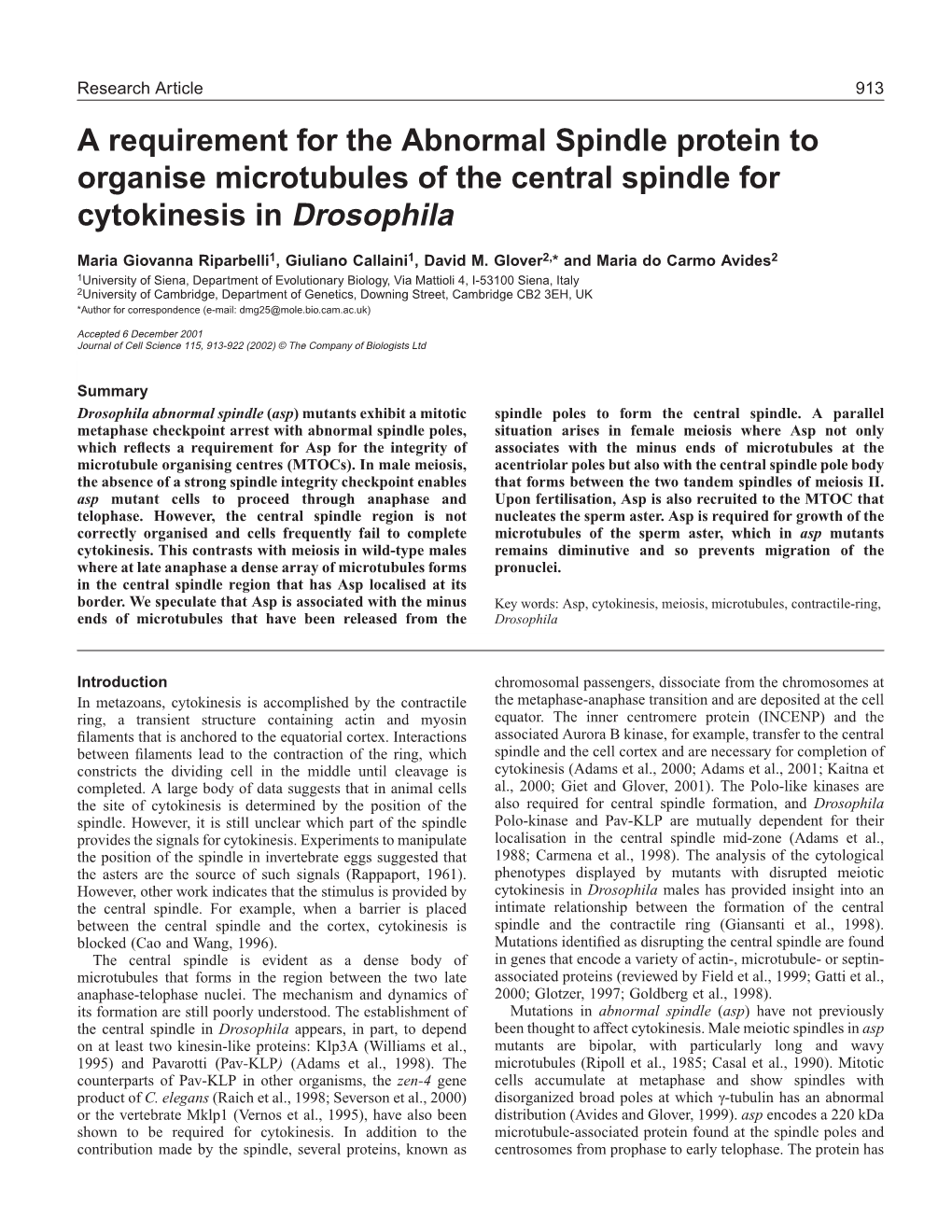 Asp Is Required for Cytokinesis 915 Through Metaphase (Fig