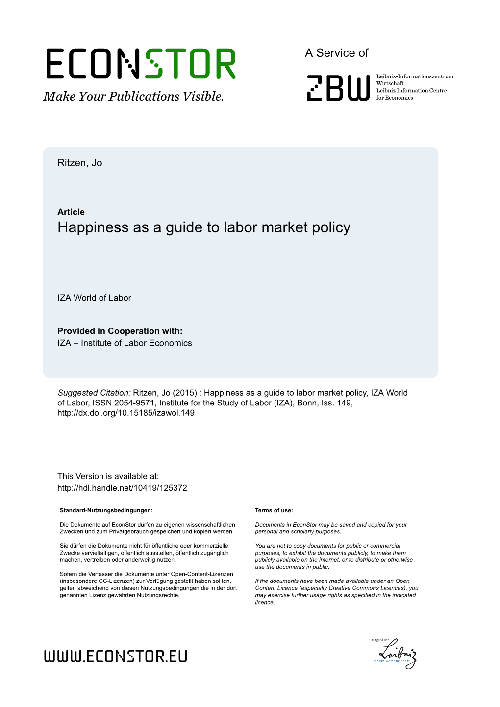 Happiness As a Guide to Labor Market Policy