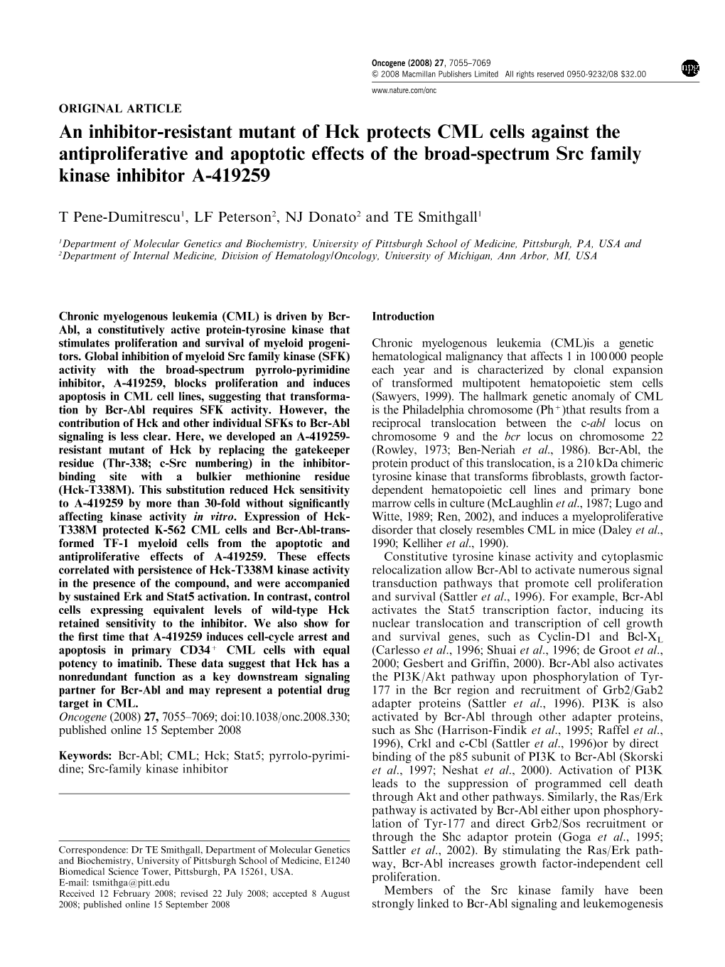 An Inhibitor-Resistant Mutant of Hck Protects CML Cells Against the Antiproliferative and Apoptotic Effects of the Broad-Spectrum Src Family Kinase Inhibitor A-419259