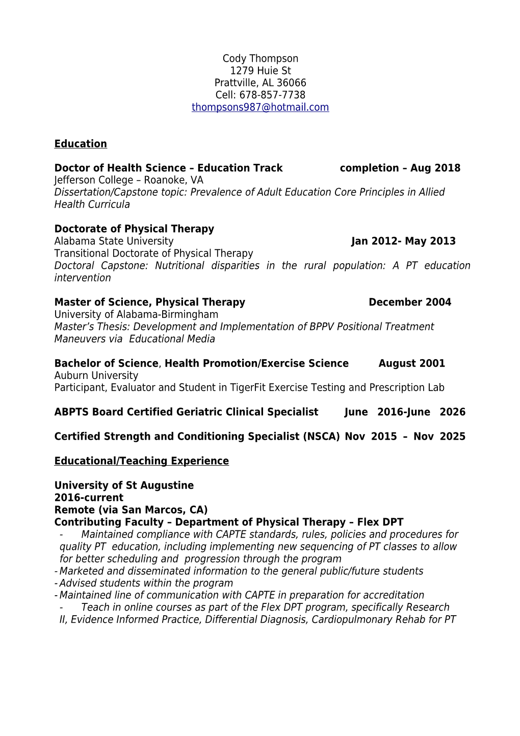 Doctor of Health Science Education Track Completion Aug 2018