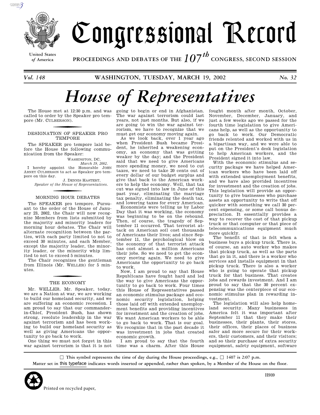 Congressional Record United States Th of America PROCEEDINGS and DEBATES of the 107 CONGRESS, SECOND SESSION