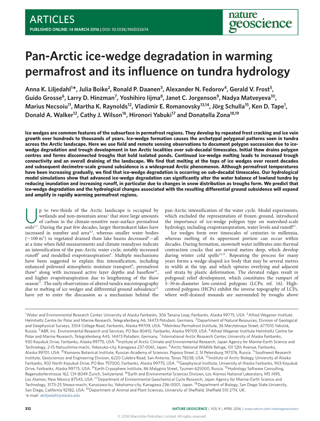 Pan-Arctic Ice-Wedge Degradation in Warming Permafrost and Its Inﬂuence on Tundra Hydrology Anna K