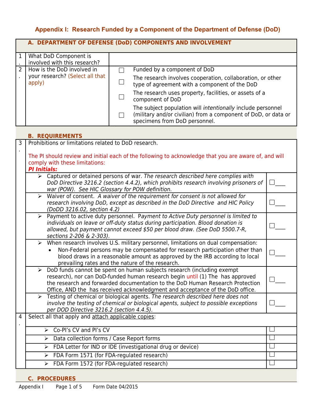 Appendix I: Research Funded by a Component of the Department of Defense (Dod)