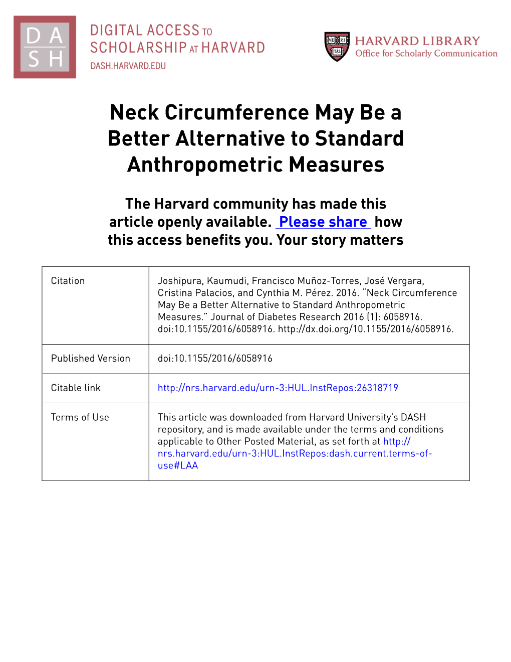 Neck Circumference May Be a Better Alternative to Standard Anthropometric Measures