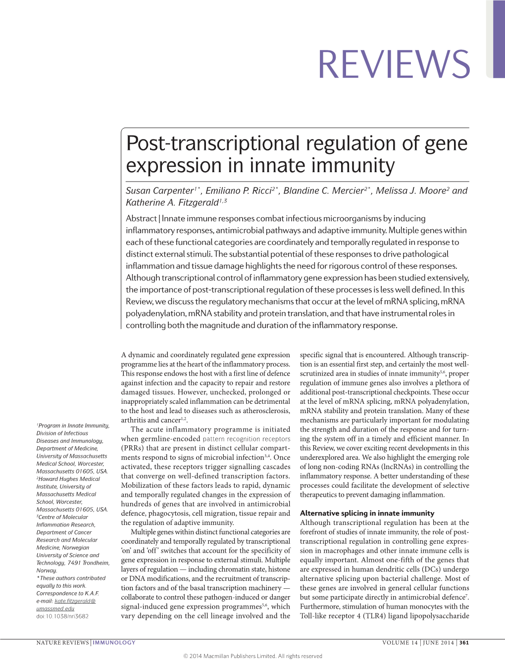 Post-Transcriptional Regulation of Gene Expression in Innate Immunity