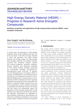 High Energy Density Material (HEDM) – Progress in Research Azine Energetic Compounds