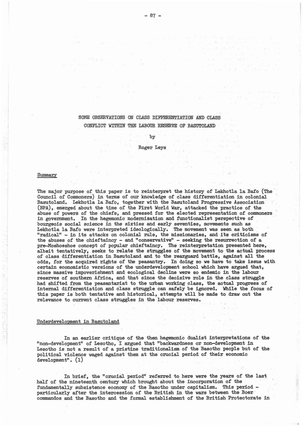 SOME OBSEEVATIONS on CLASS DIFFERENTIATION and CLASS CONFLICT WITHIN the LABOUR Fteseeve of BASTJTOLAND by Roger Leys Summary Th