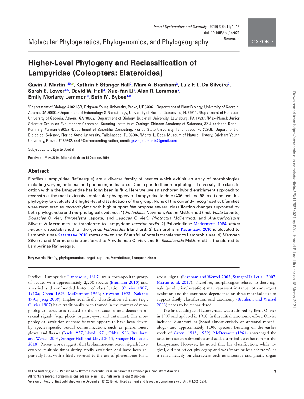 Higher-Level Phylogeny and Reclassification of Lampyridae