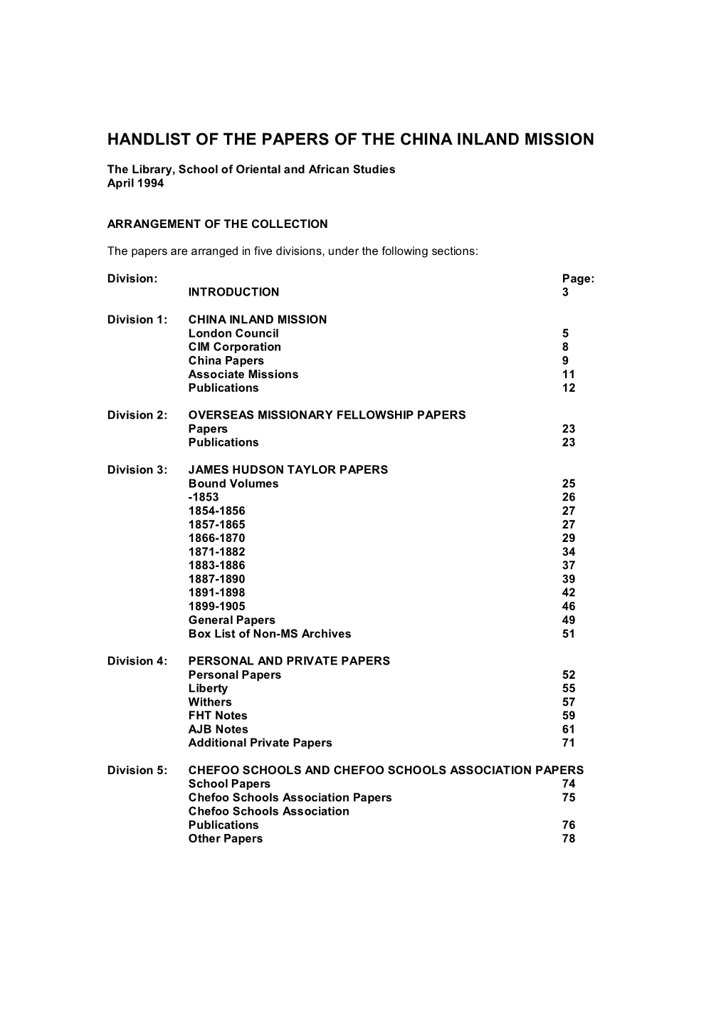 Handlist of the Papers of the China Inland Mission