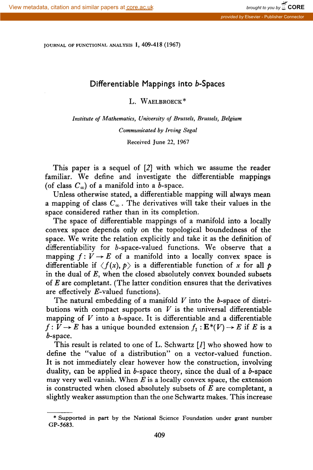 Differentiable Mappings Into B-Spaces This Paper Is a Sequel of [Z] with Which We Assume the Reader Familiar. We Define and Inve