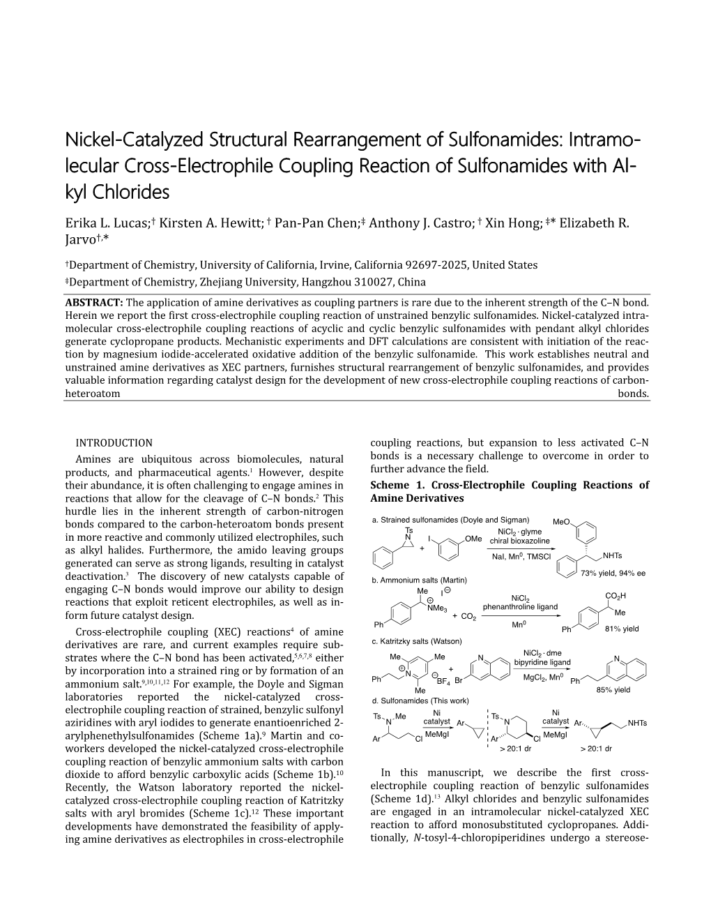 Lecular Cross-Electrophile Coupling Reaction of Sulfonamides with Al- Kyl Chlorides Erika L