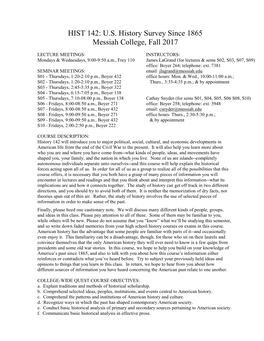 HIST 142: US History Survey Since 1865 Messiah College, Fall 2017