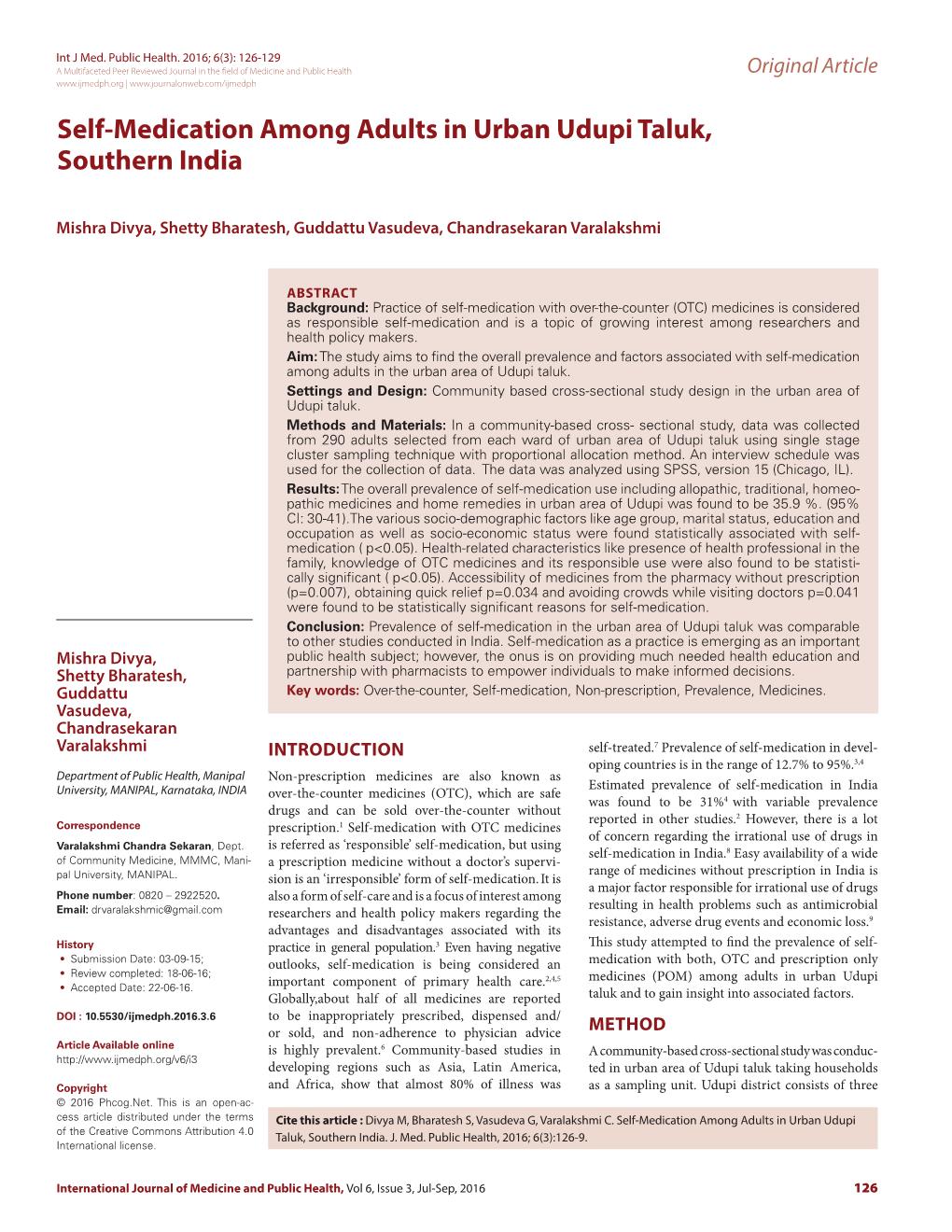 Self-Medication Among Adults in Urban Udupi Taluk, Southern India