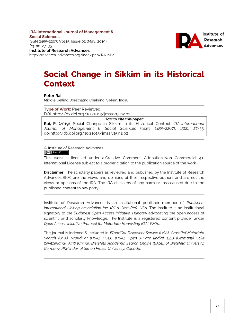 Social Change in Sikkim in Its Historical Context