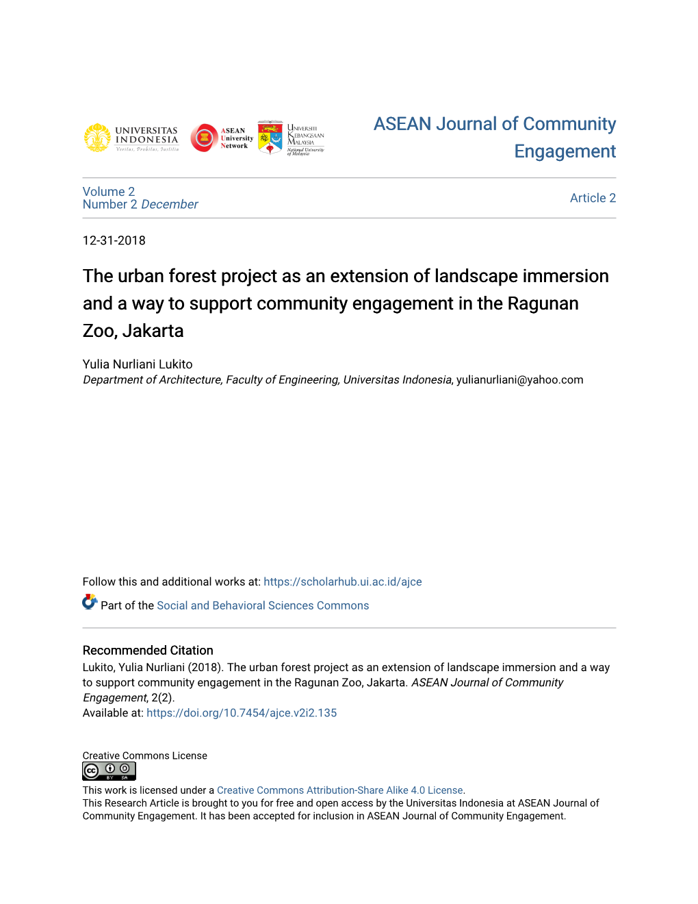 The Urban Forest Project As an Extension of Landscape Immersion and a Way to Support Community Engagement in the Ragunan Zoo, Jakarta