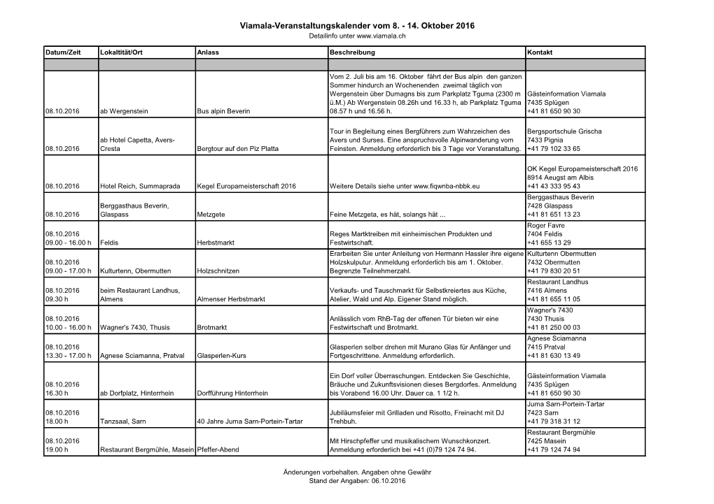 Viamala-Veranstaltungskalender Vom 8. - 14