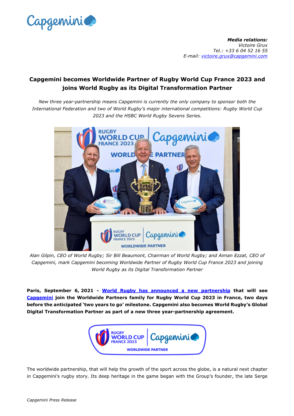 Capgemini Becomes Worldwide Partner of Rugby World Cup France 2023 and Joins World Rugby As Its Digital Transformation Partner