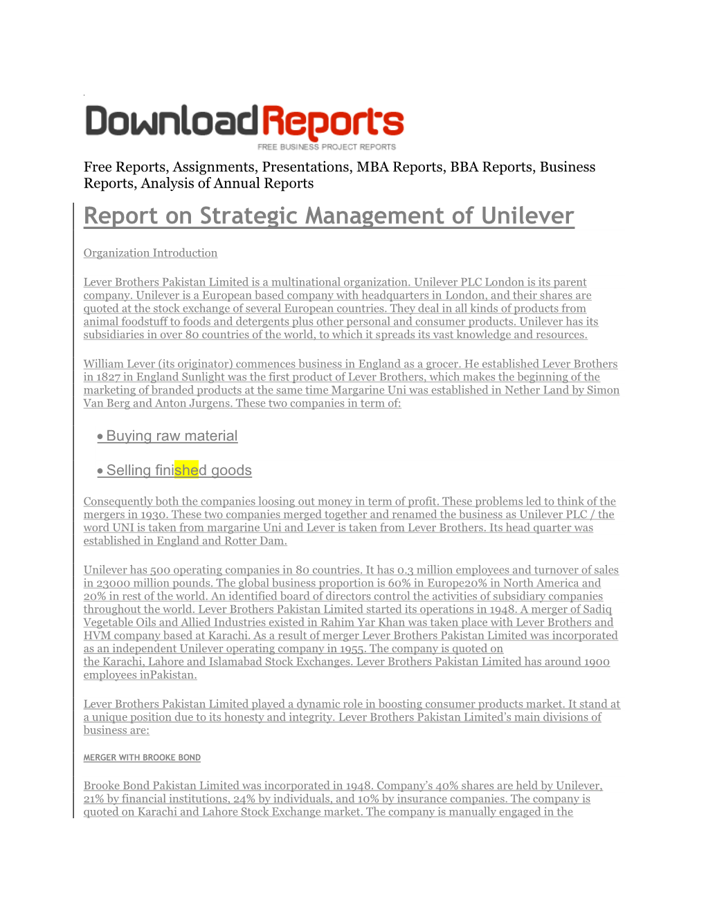 Report on Strategic Management of Unilever