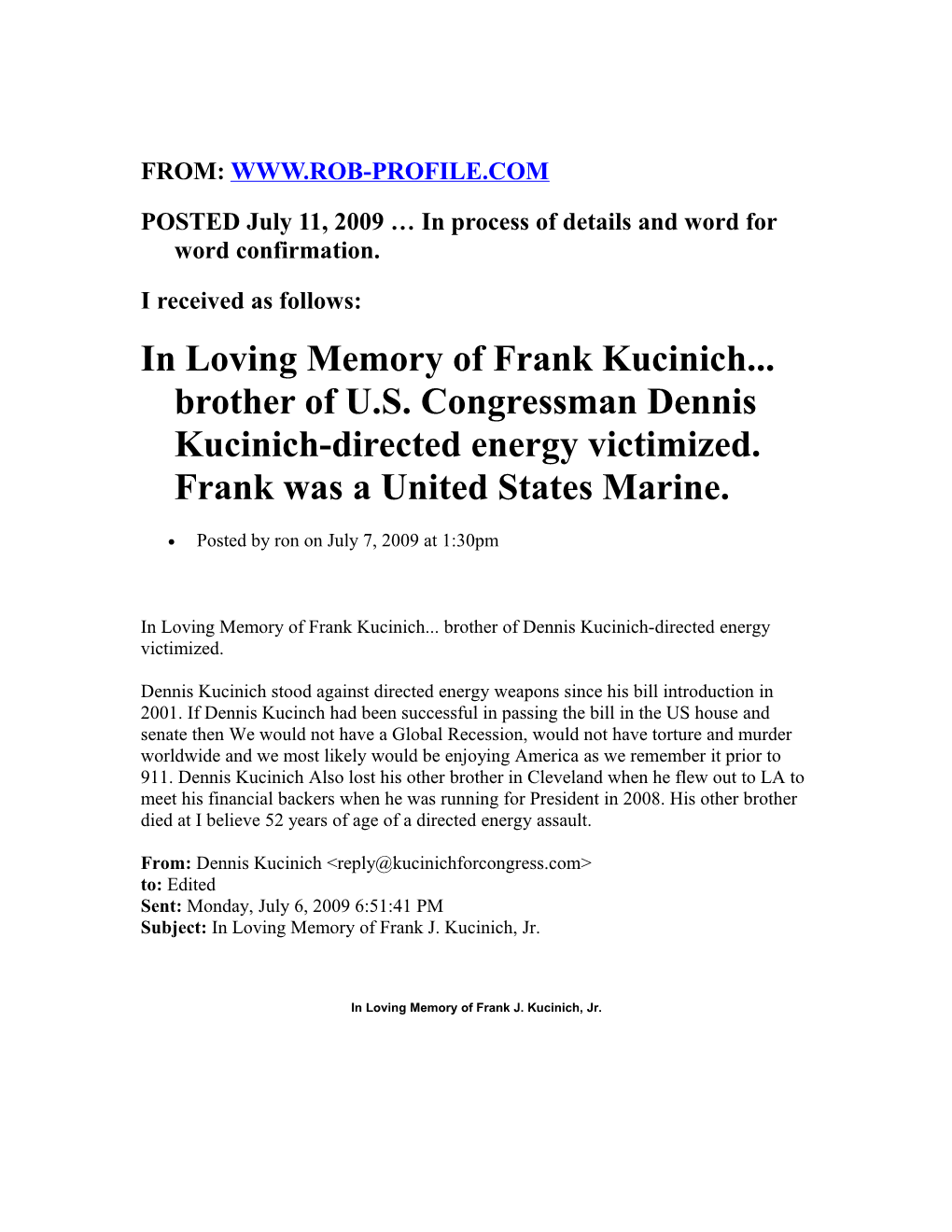 In Loving Memory of Frank Kucinich