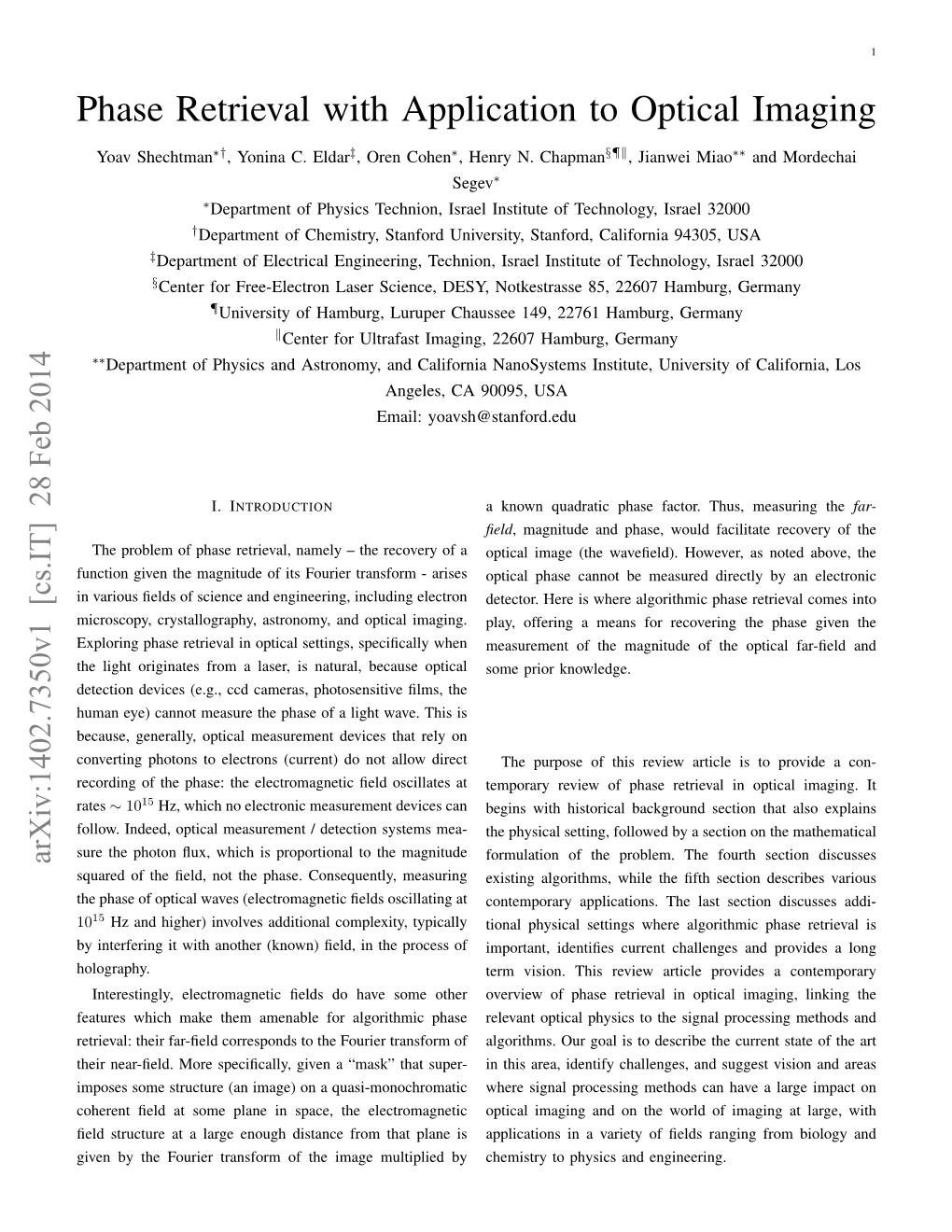 Phase Retrieval with Application to Optical Imaging