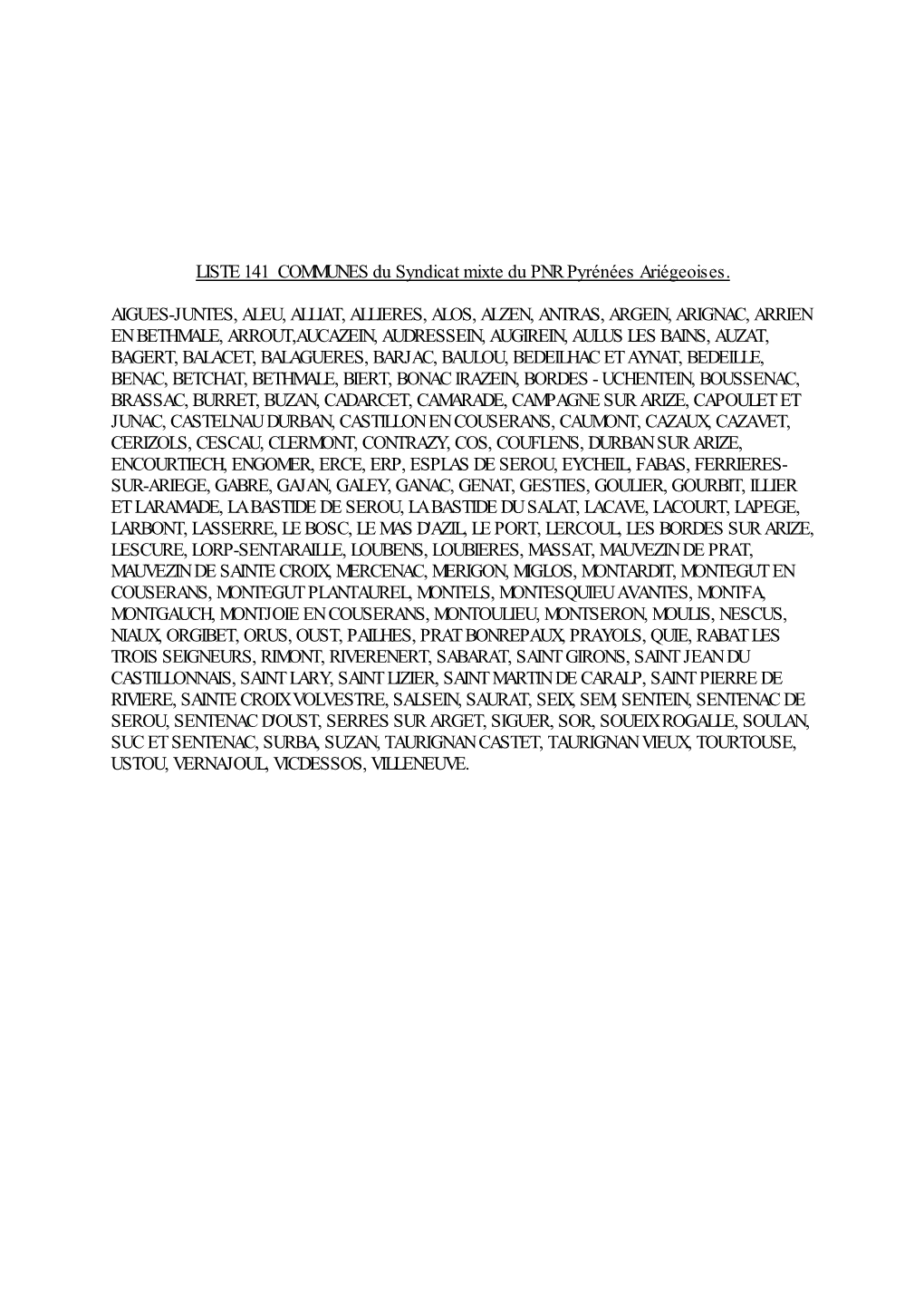 LISTE 142 COMMUNES Du Syndicat Mixte Du PNR Pyrénées Ariégeoises