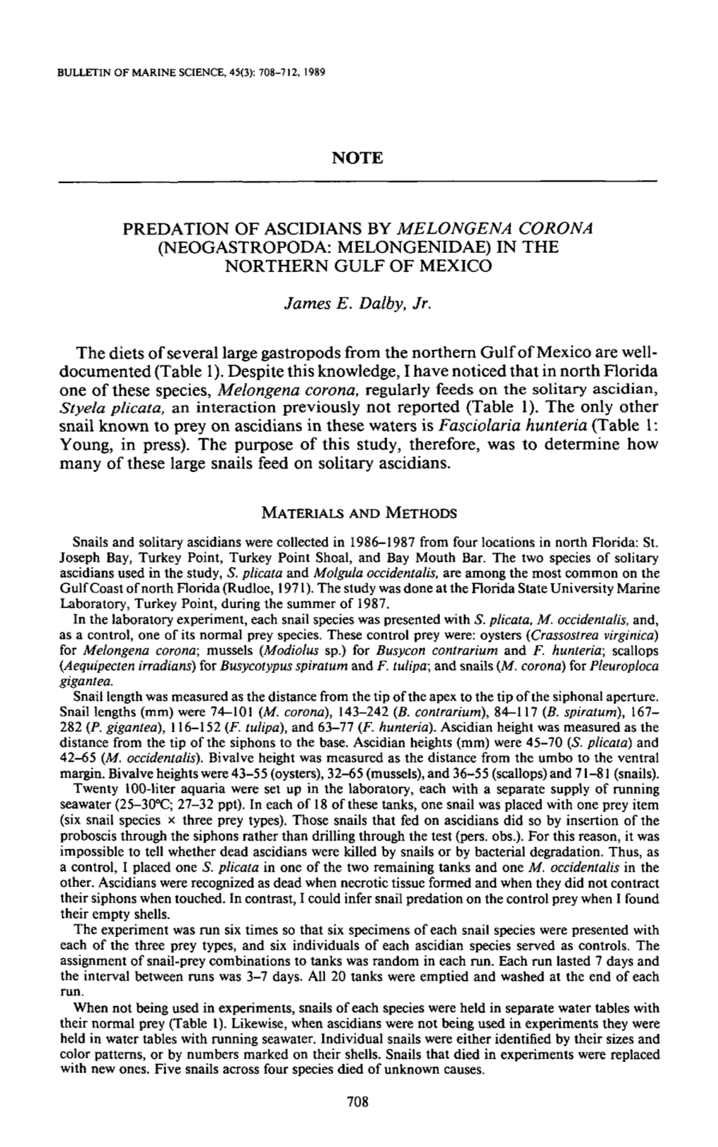 Predation of Ascidians by <I>Melongena