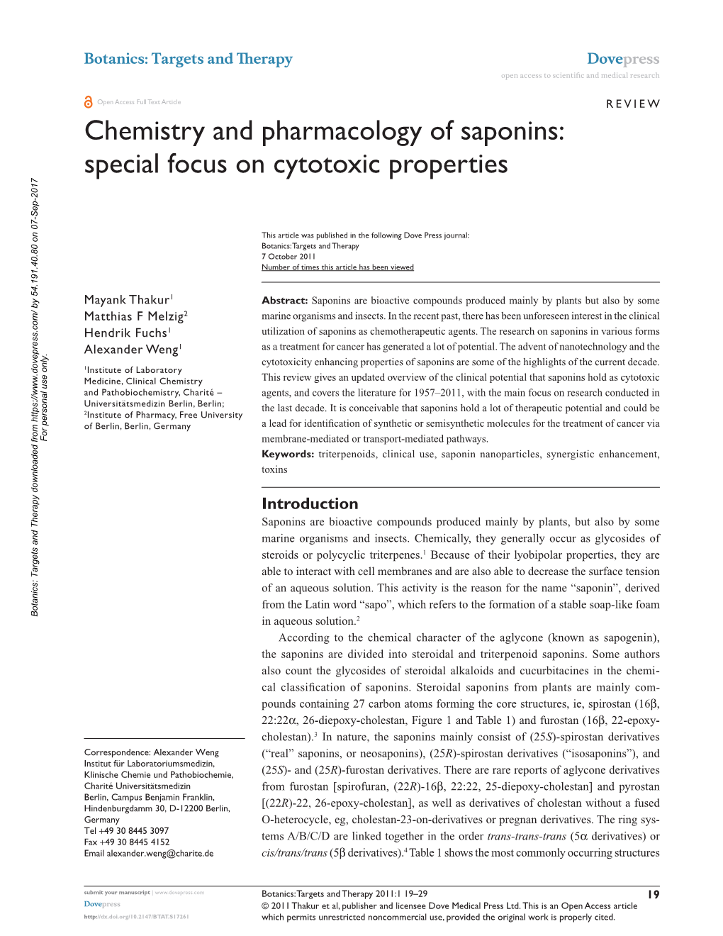 Chemistry and Pharmacology of Saponins: Special Focus on Cytotoxic Properties