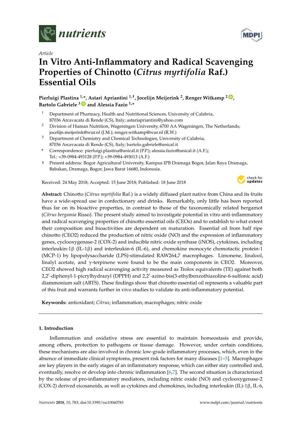 In Vitro Anti-Inflammatory and Radical Scavenging Properties of Chinotto