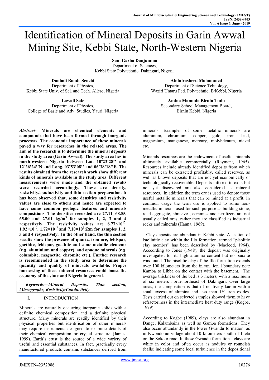 Identification of Mineral Deposits in Garin Awwal Mining Site, Kebbi State, North-Western Nigeria