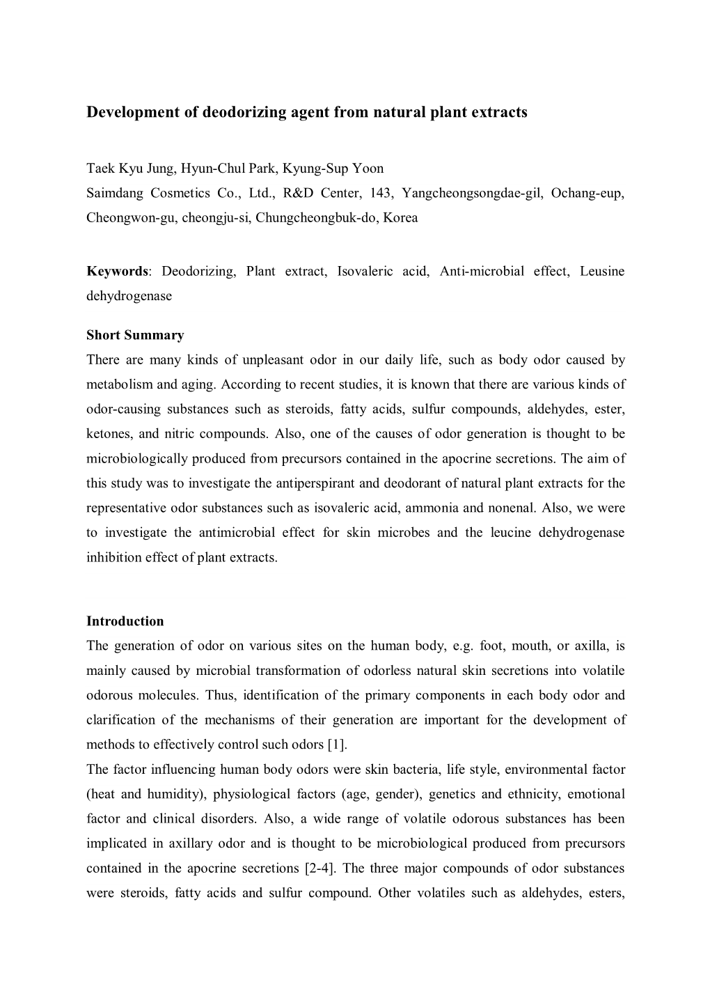 Development of Deodorizing Agent from Natural Plant Extracts