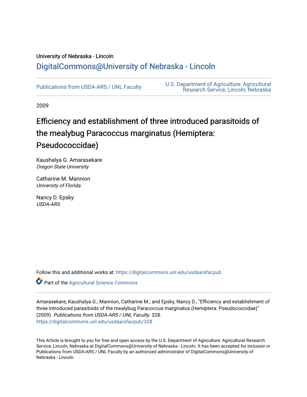 Efficiency and Establishment of Three Introduced Parasitoids of the Mealybug Paracoccus Marginatus (Hemiptera: Pseudococcidae)