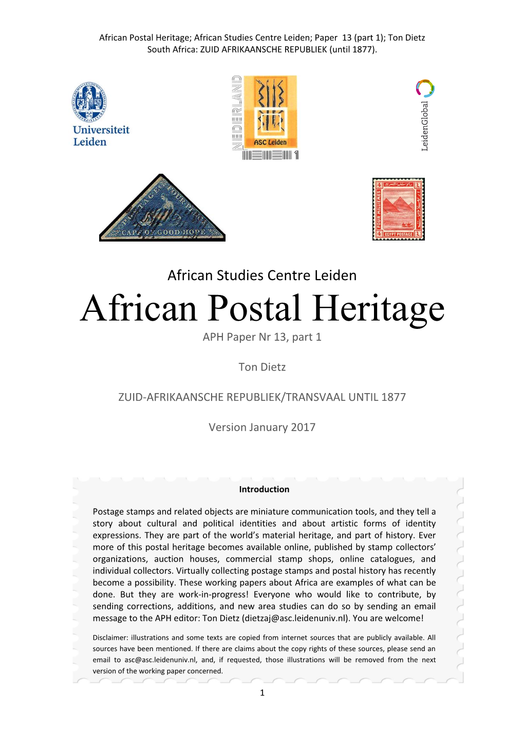 African Postal Heritage; African Studies Centre Leiden; Paper 13 (Part 1); Ton Dietz South Africa: ZUID AFRIKAANSCHE REPUBLIEK (Until 1877)