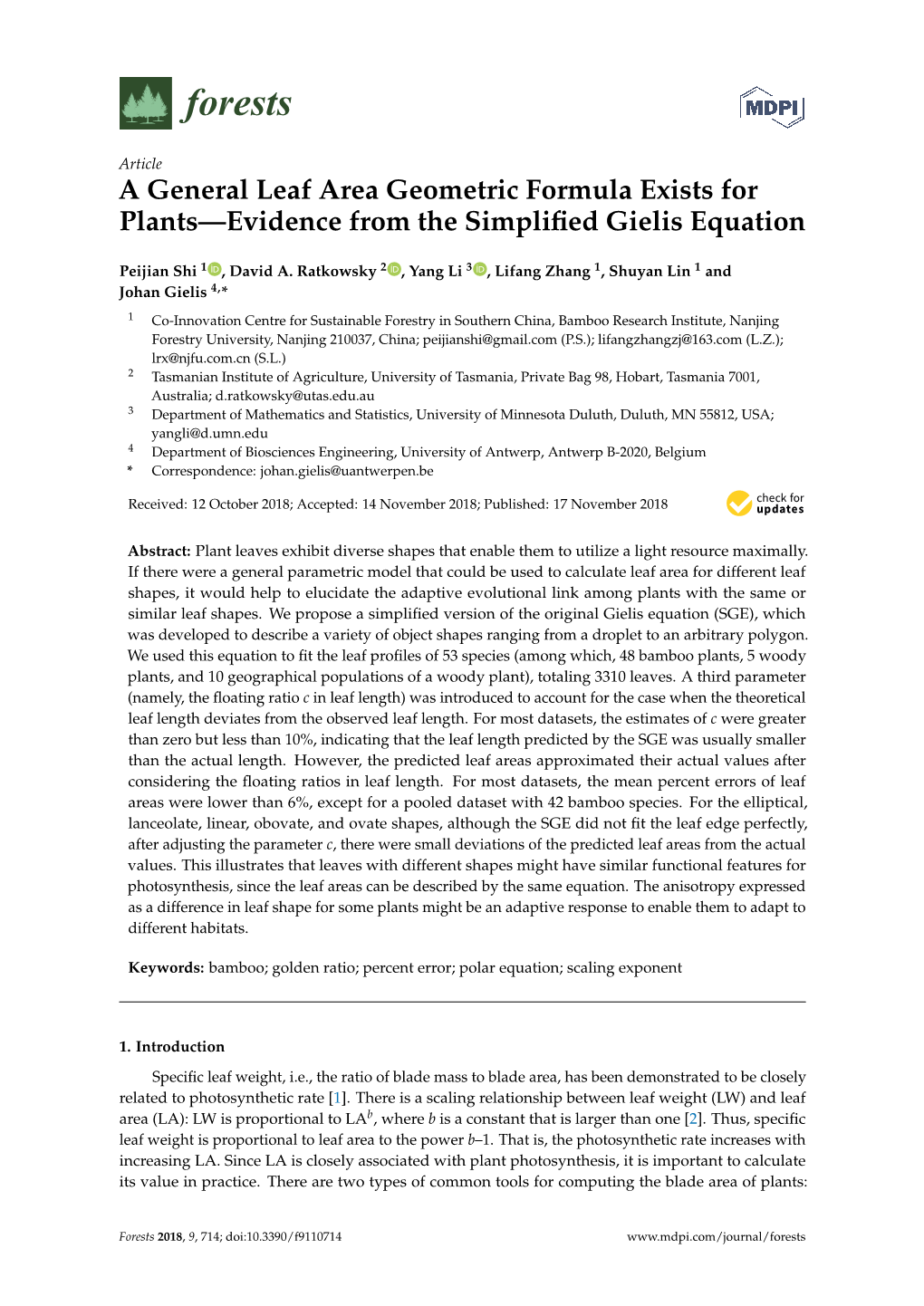 A General Leaf Area Geometric Formula Exists for Plants—Evidence from the Simpliﬁed Gielis Equation