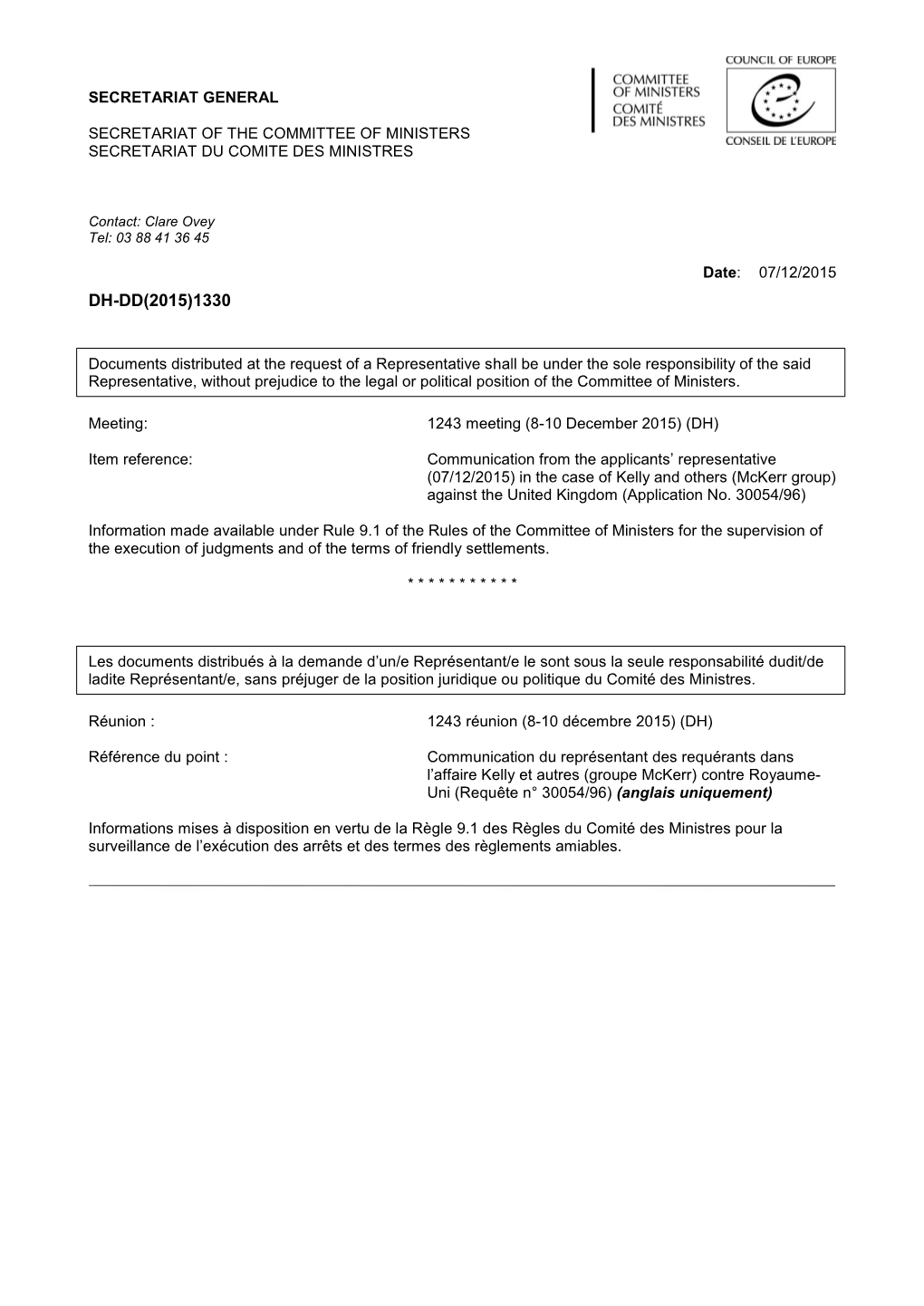 Committee of Ministers Secretariat Du Comite Des Ministres