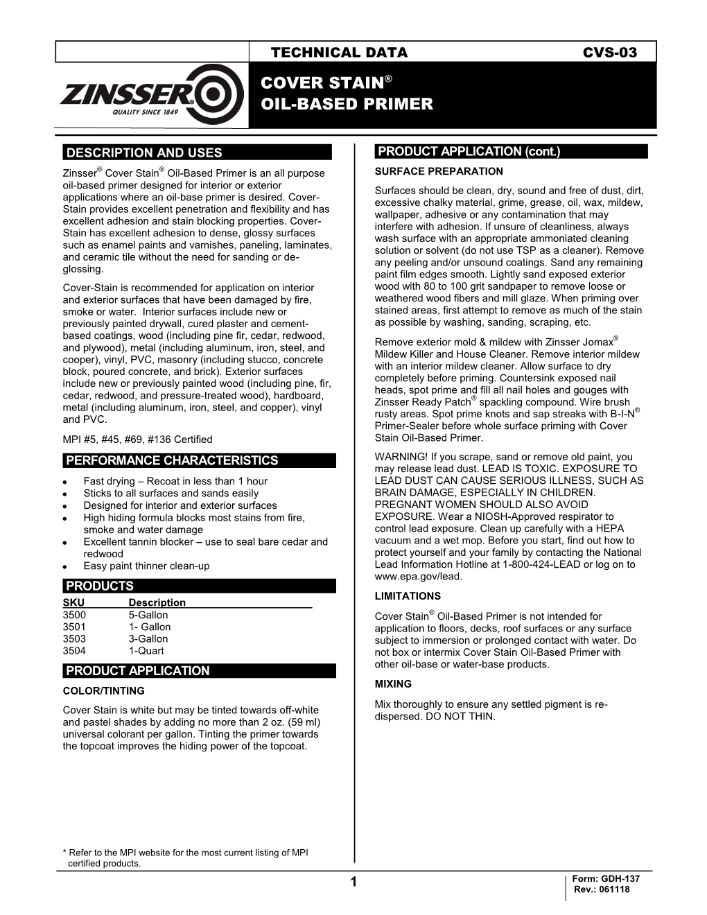 Technical Data Cvs-03 Cover Stain® Oil-Based Primer