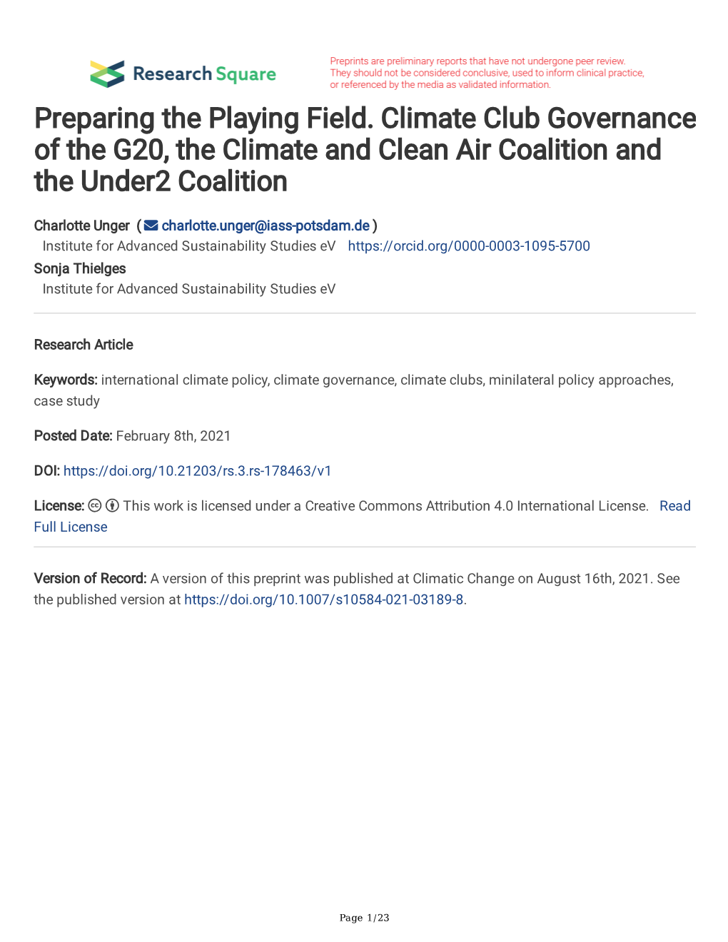 Preparing the Playing Field. Climate Club Governance of the G20, the Climate and Clean Air Coalition and the Under2 Coalition