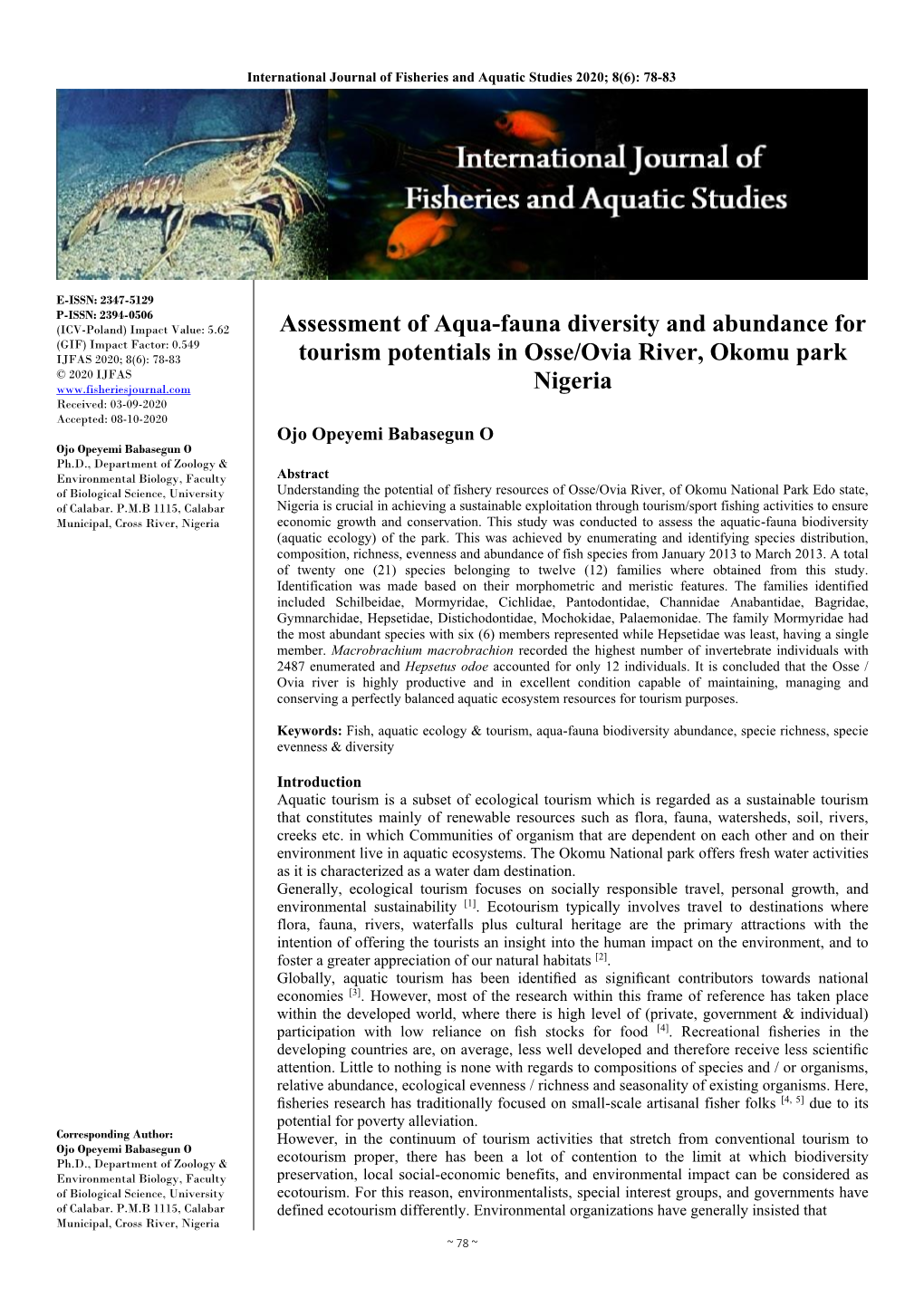 Assessment of Aqua-Fauna Diversity and Abundance for Tourism