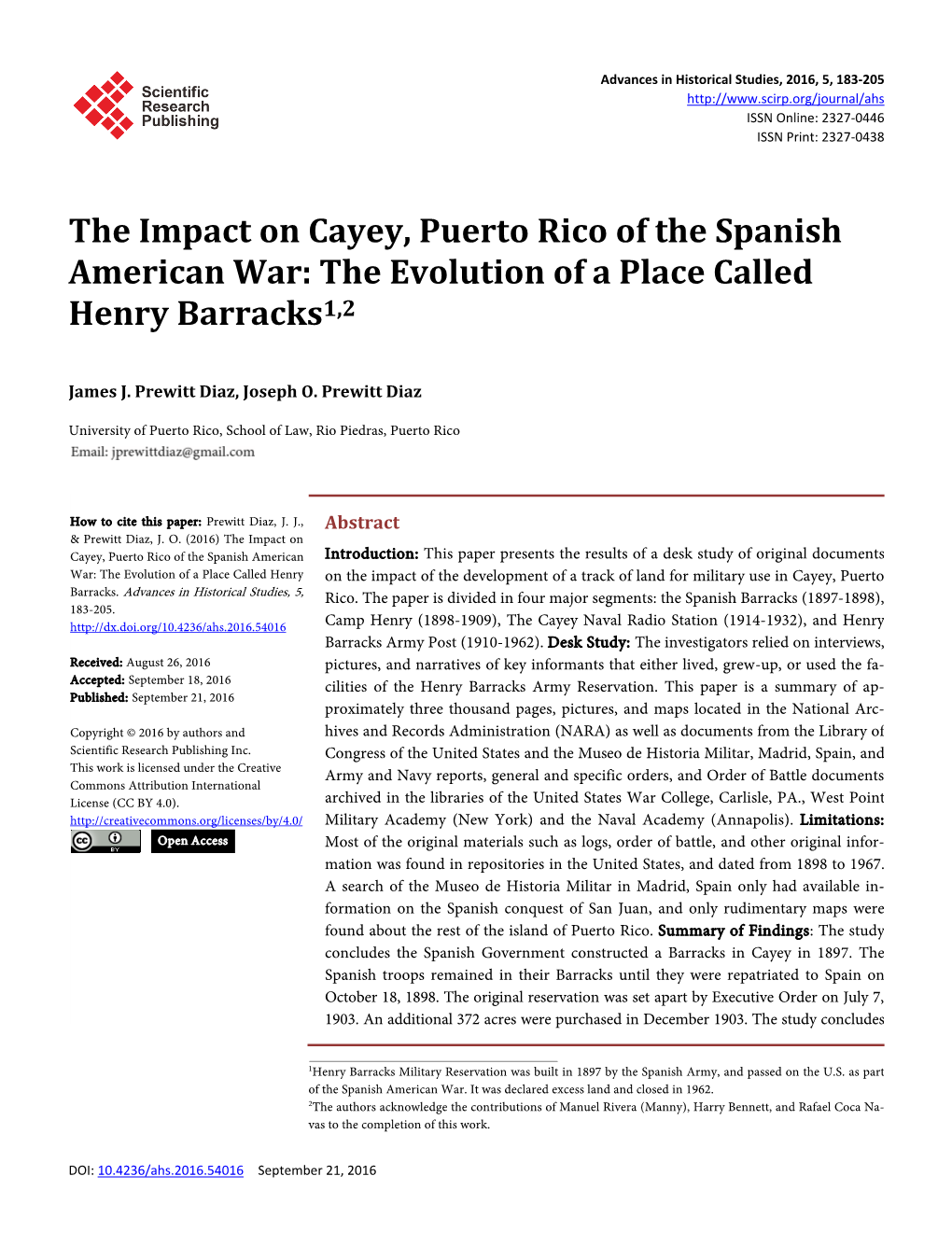 The Impact on Cayey, Puerto Rico of the Spanish American War: the Evolution of a Place Called Henry Barracks1,2