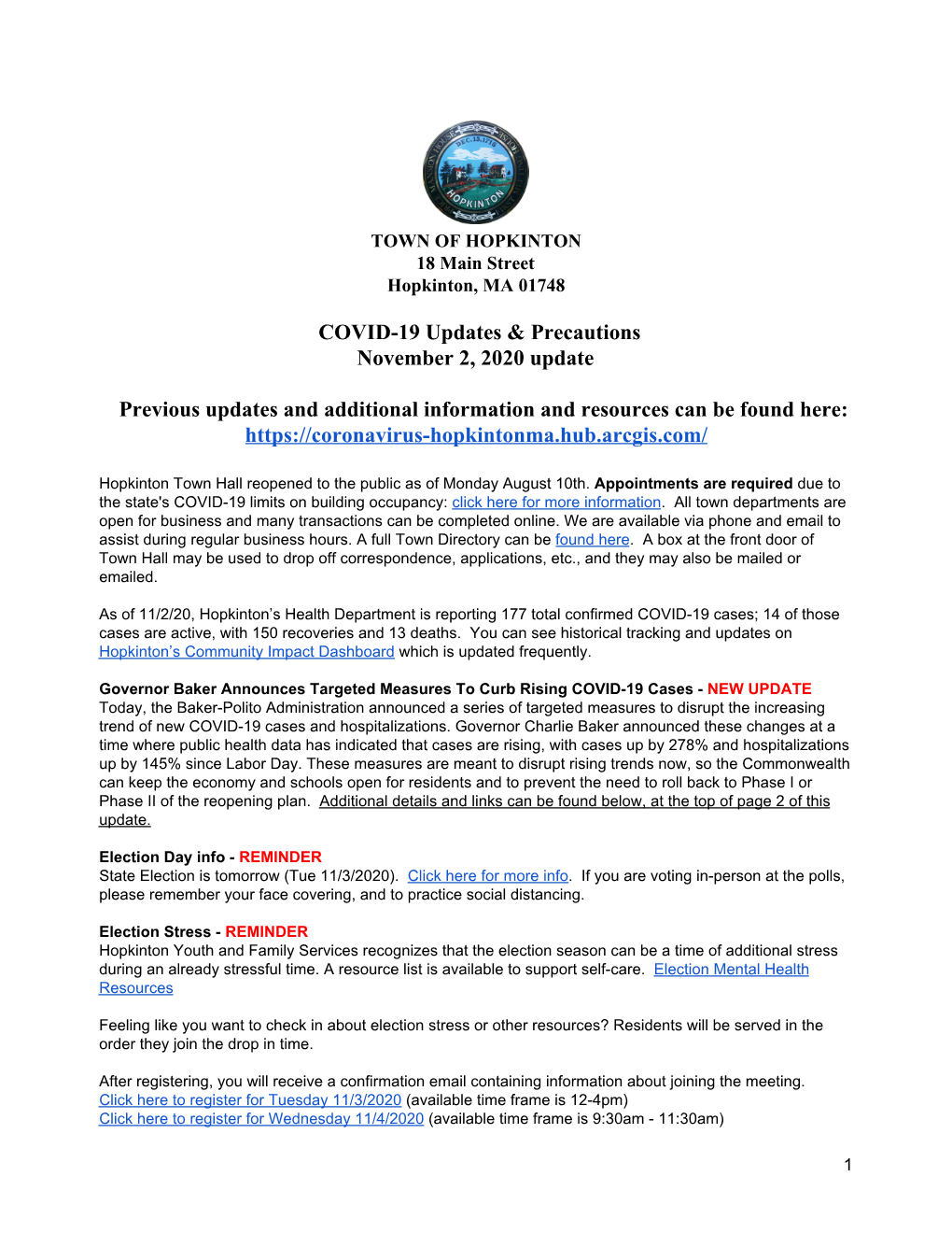 COVID-19 Updates & Precautions November 2, 2020 Update Previous