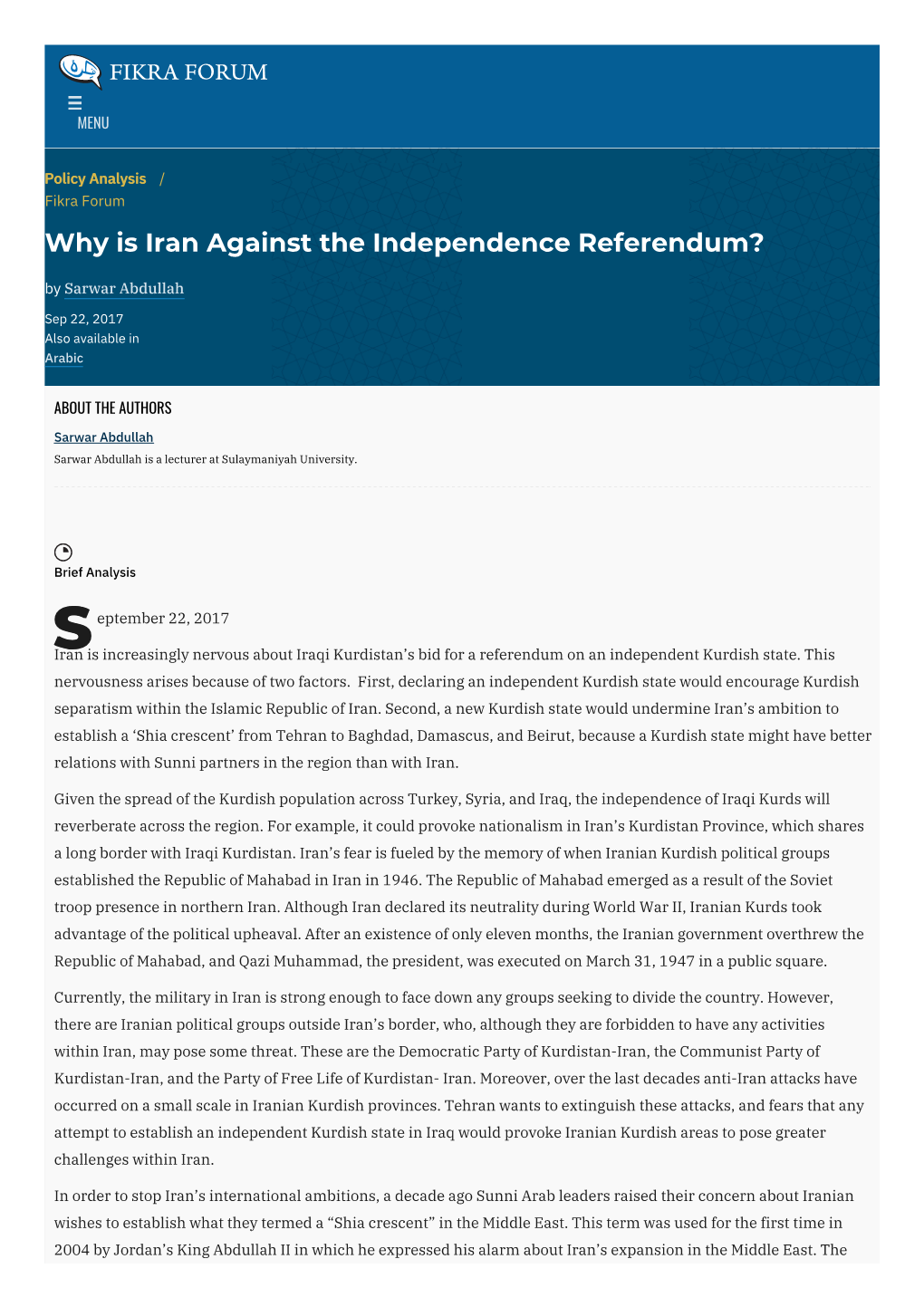 Why Is Iran Against the Independence Referendum? | the Washington Institute