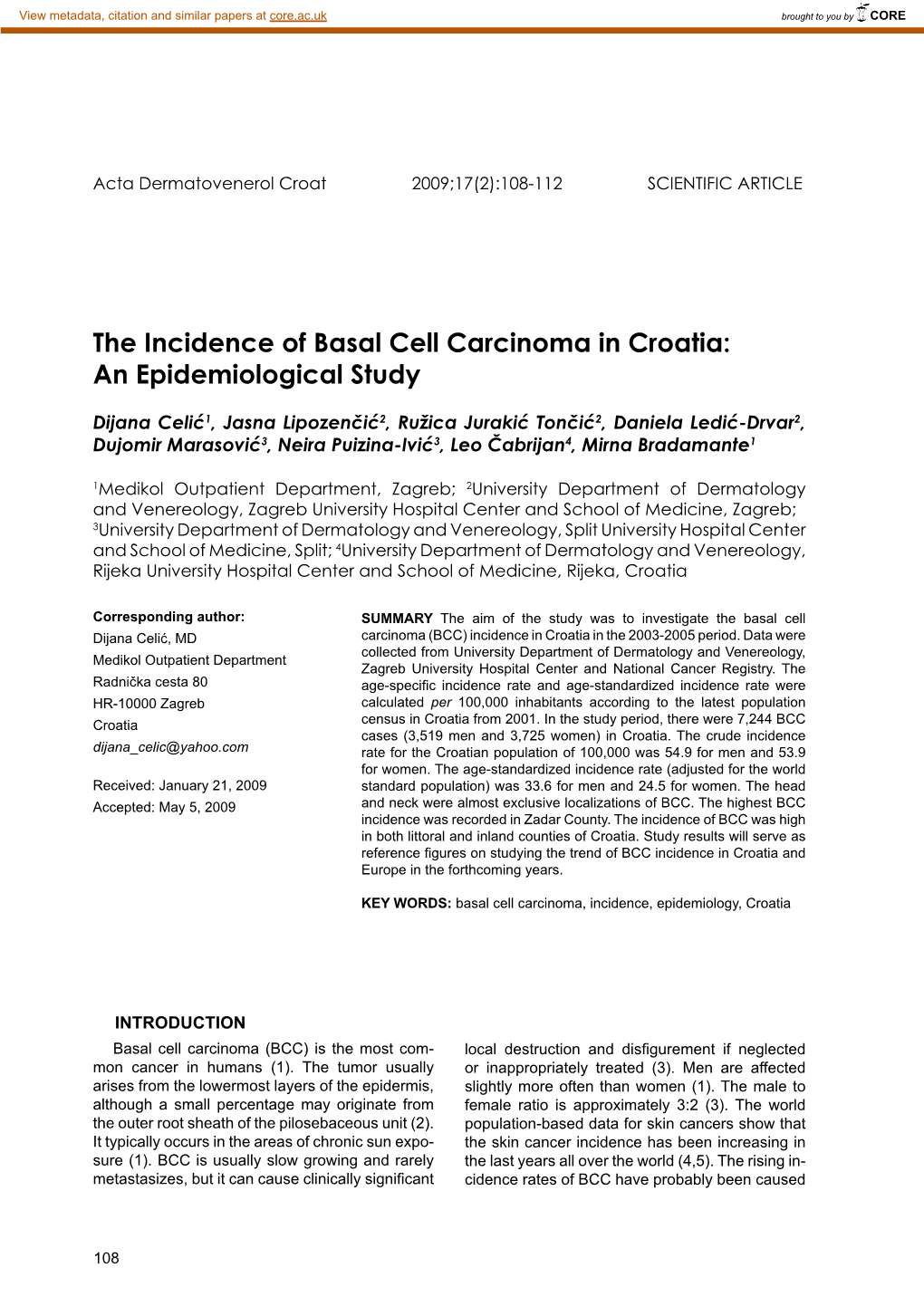 The Incidence of Basal Cell Carcinoma in Croatia: an Epidemiological Study