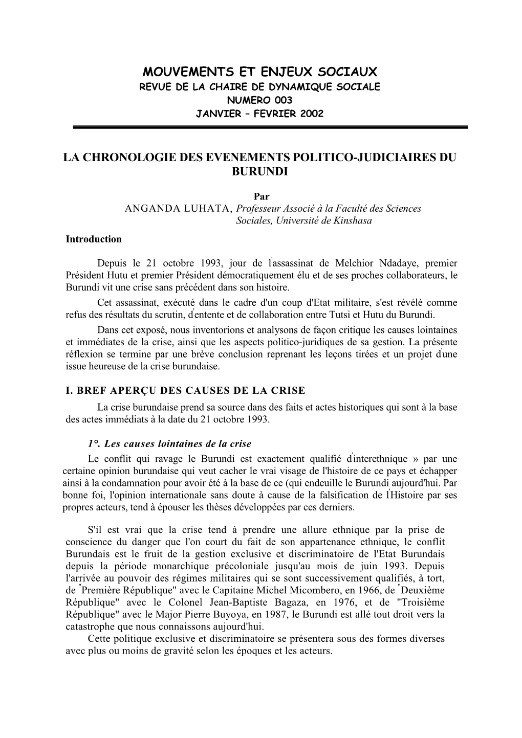 La Chronologie Des Événements Politico-Judiciaires Du Burundi