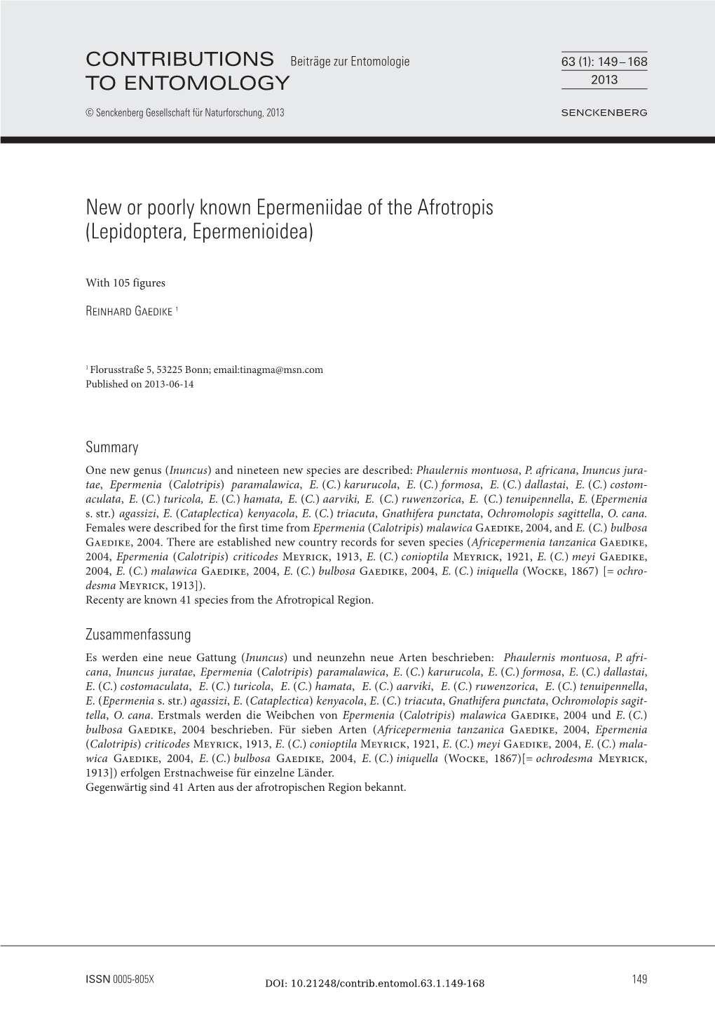 New Or Poorly Known Epermeniidae of the Afrotropis (Lepidoptera, Epermenioidea)