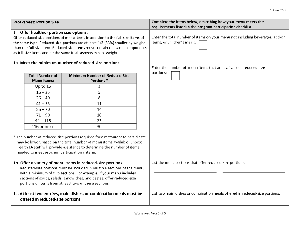 Worksheet: Portion Size Complete the Items Below, Describing How Your Menu Meets the Requirements Listed in the Program Participation Checklist: 1