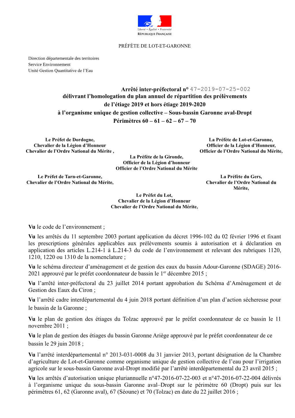 Arrêté Inter-Préfectoral N° Délivrant L'homologation Du Plan Annuel De